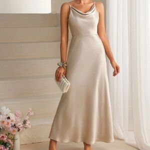 Elegant Crowl Neck Apricot Satin Maxi Dress, Size Medium